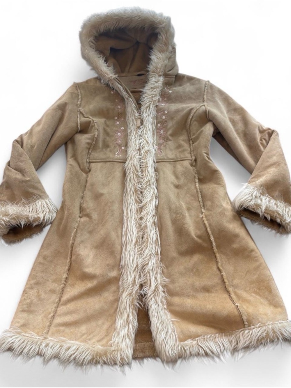 Women's Faux Shearling Hooded Trench Coat in Tan